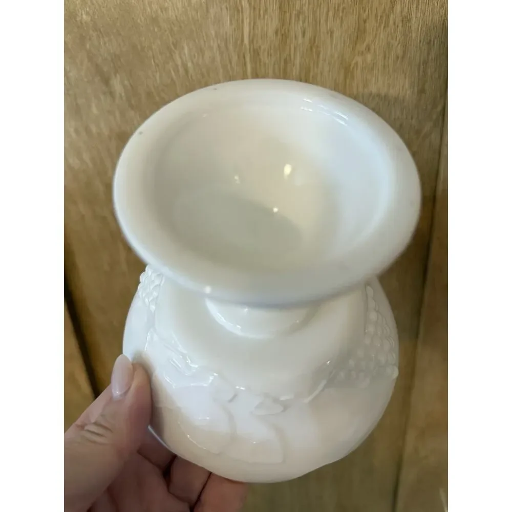 Vintage Candlestick Holder White Milk Glass with Grapes and Leaves Bowl